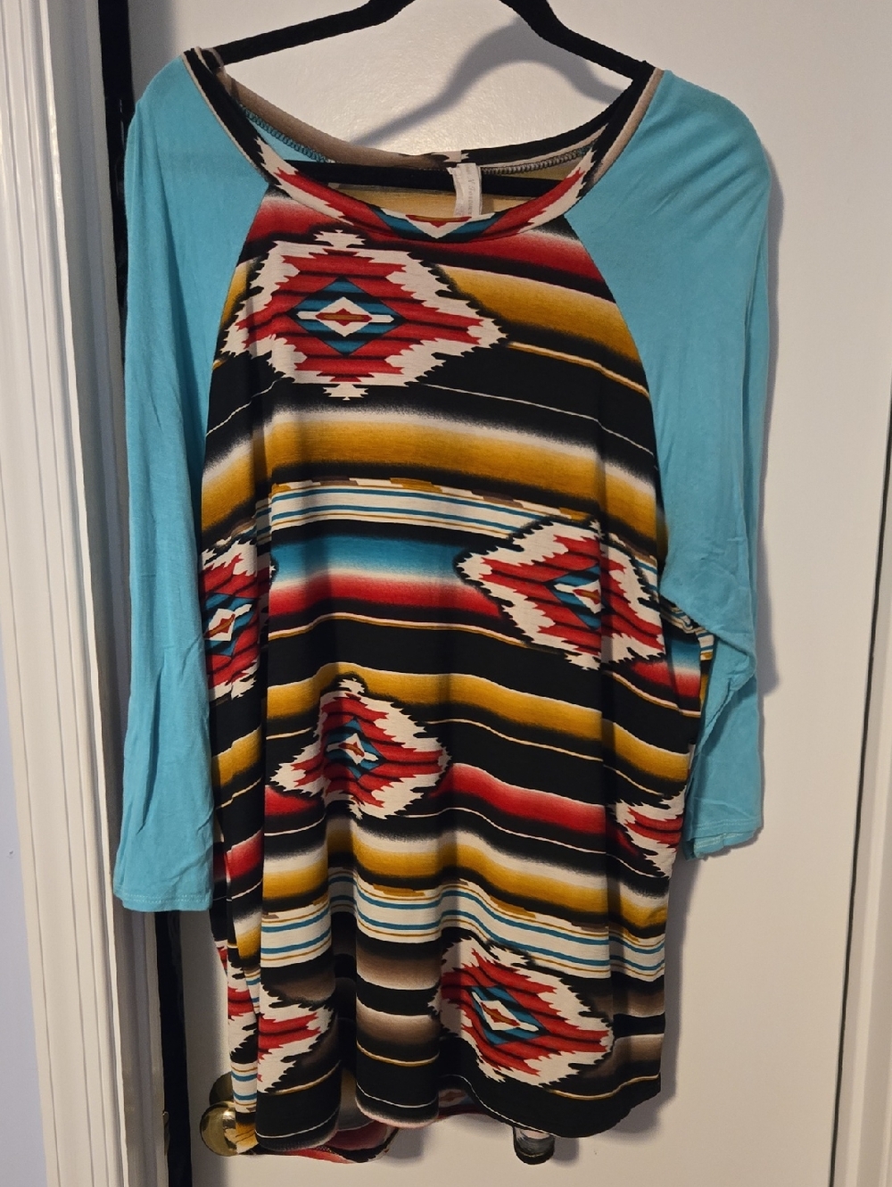 Aztec-Print Raglan Blouse with Turquoise Sleeves